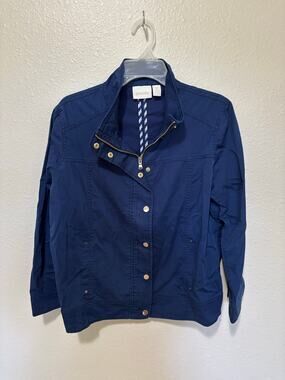 Women’s Chico's Navy Twill Utility Jacket Roll Zip Snap, size 2 / US 12 L Large